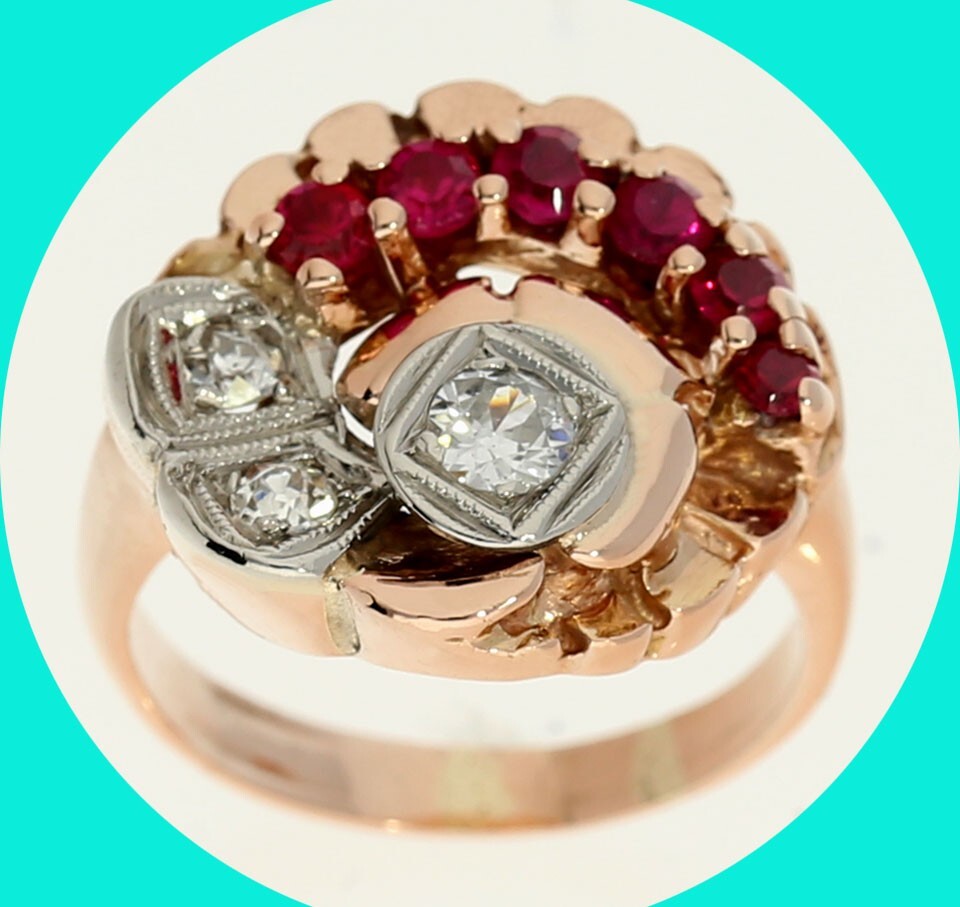 Antique Deco Diamond Ruby Ring .63CT 14K Rose Gold Size 5.5