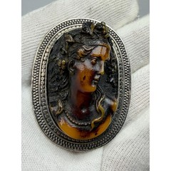 Antique Sterling Silver Cameo Brooch High Relief Amber Toned Lady Portrait #1193