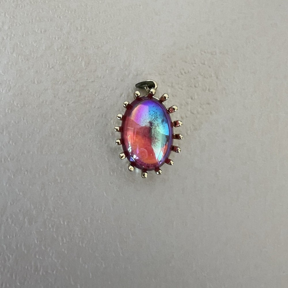 Vintage Iridescent Peacock Blue and Pink Glass Stone Pendant Gold Accent