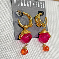 Vintage ROBERT ROSE Dangle Earrings Gold Tone & Violet & Red Lucite Beads 1970s