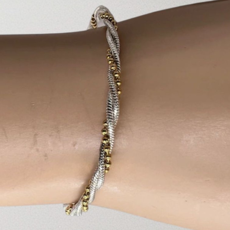 Vintage Silver Gold Tone Bracelet Twist Ball Design 7″ 4.7 mm 7.57 Grams