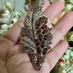 VTG Statement Leaf Floral Brooch 3.5 Inch Amber Brown Rhinestone Crystal Rhodium