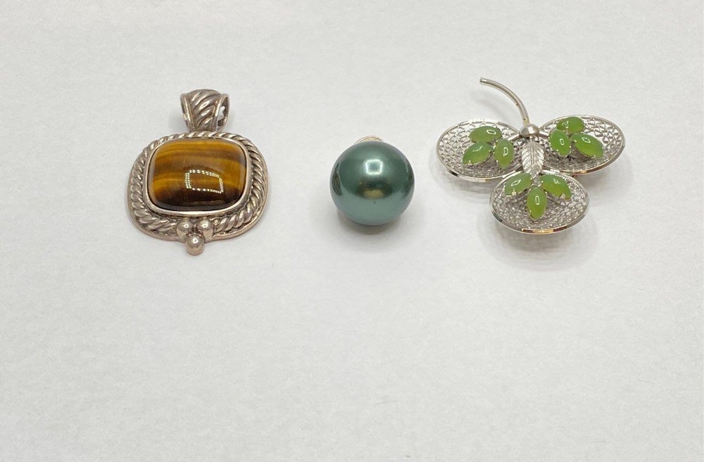 Vintage Sterling Silver 925 Sorrento Jade Tiger’s Eye Pearl Lot of 3