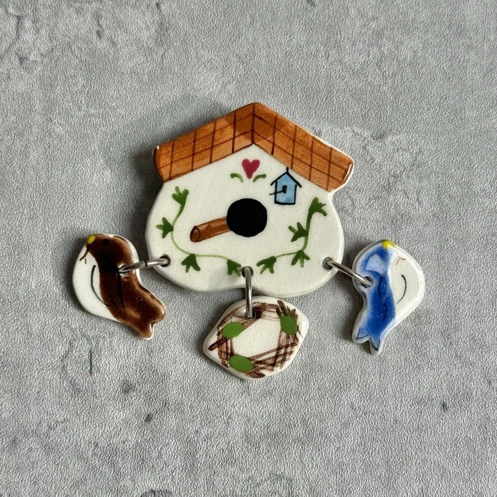 Vintage Costume Ceramic Bird House Dangling Pin Brooch Artsy Folk Whimsical Art