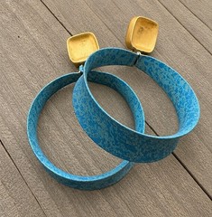 Hoop Earrings Blue Circular Gold Tone Pierced Vintage 2 1/2”