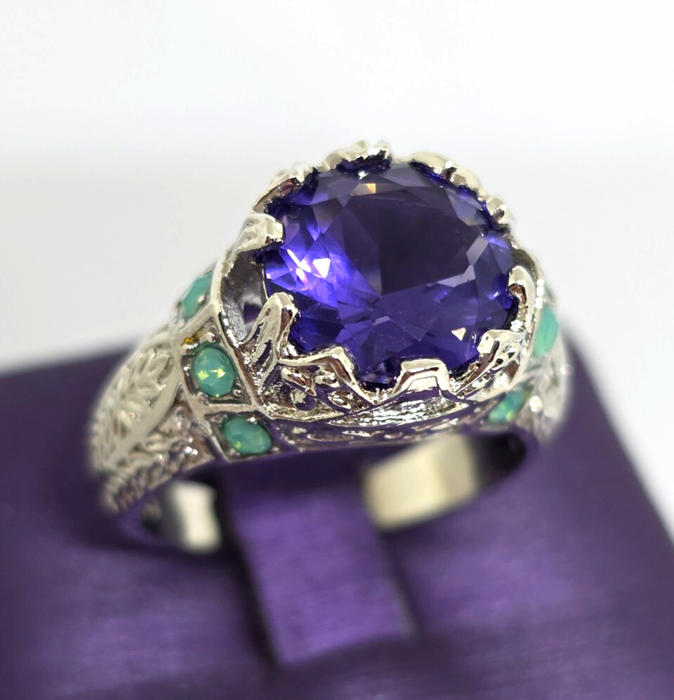 Faux Purple Amethyst Green Opal Filigree Silver Cocktail Ring Marked 925 SZ 7.25