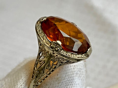 Vtg 14K White Gold Ring 3.51g Fine Jewelry Sz 7.5 Amber Color Oval Stone Prong