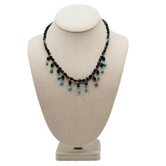 Southwestern Style Black Glass Faux Turquoise Beaded Fringe Vintage Necklace