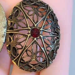 SALE Vintage Gothic Locket Pendant Red Glass Stone Spiderweb Filigree Starburst