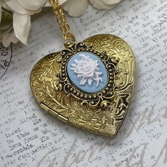 Gold Heart Locket Photo Birthday Anniversary Wedding Blue Rose Cameo Necklace