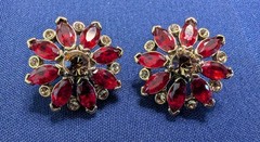 Monet Signed Red Rhinestone Clip On Earrings Gold Tone Marquise Cluster Vintage