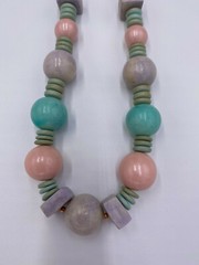 Vintage 1980s 1990s Pastel Chunky Wooden Beads Necklace 24″ Blue Pink Purple