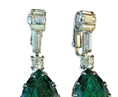 Vintage Art Deco Emerald Rhinestone Dangle Tear Drop Chandelier Earrings