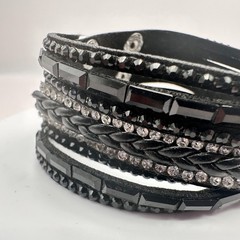 Vintage Y2K Black Leather Glass Rhinestone Wrap Bracelet Silver Tone Jewelry