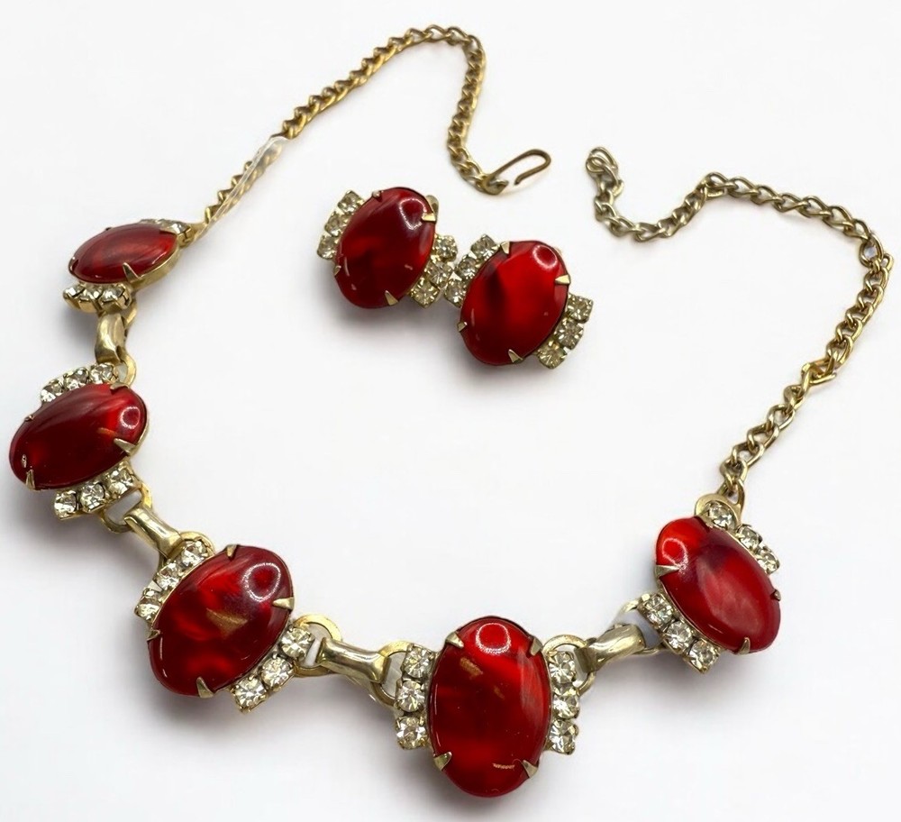 Vintage Satin Plastic Cabochons Rhinestones Necklace Earrings Set