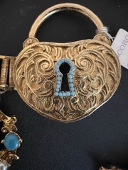 VTG NWT CORO BOOKCHAIN LOCK & KEY BELT + 2 KEY BROOCHES, 1 STERLING BOOK PIECE!
