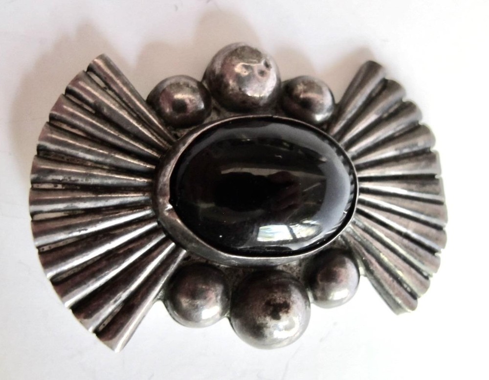 Vintage Sterling Silver and Black Onyx Brooch Pin Mexico