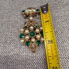 Vintage Brooch Pendant Imitation Pearl Green Rhinestones 2.5 Inches