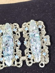 VTG Wide Victorian Revival Blue Confetti Cab Bracelet & Earrings Set