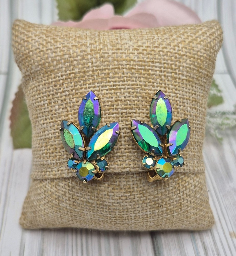 VTG Peacock Iridescent AB Crystal Gold Tone Clip On Earrings Prom Formal