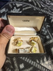 vintage Swank cufflinks and tie clip set Yellow With Asian Print
