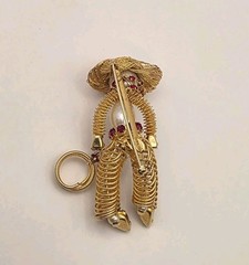 Vintage Signed Weiss Ruby Red Crystal & Faux Pearl Wire Cowboy W/Lasso Brooch