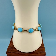 Vintage Bracelet Blue Milk Glass Gold Tone Oval Links MCM 6.75″ Faux Turquoise