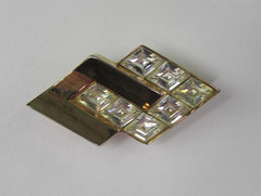 Vintage Crown Trifari Fur Clip Brooch Rhinestones Gold Tone Art Deco 1930s-40s