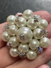 Vintage 1.5” Stacked Faux Pearl AB Crystal Rhinestone Flower Brooch Pin