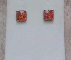 Vtg Sterling Silver Faux Fire Opal Iridescent Square Stud Earrings Orange Pink