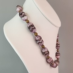 Vintage Art Deco Slag Glass Beaded Necklace Czech Purple Pinched Gold Tone 18″