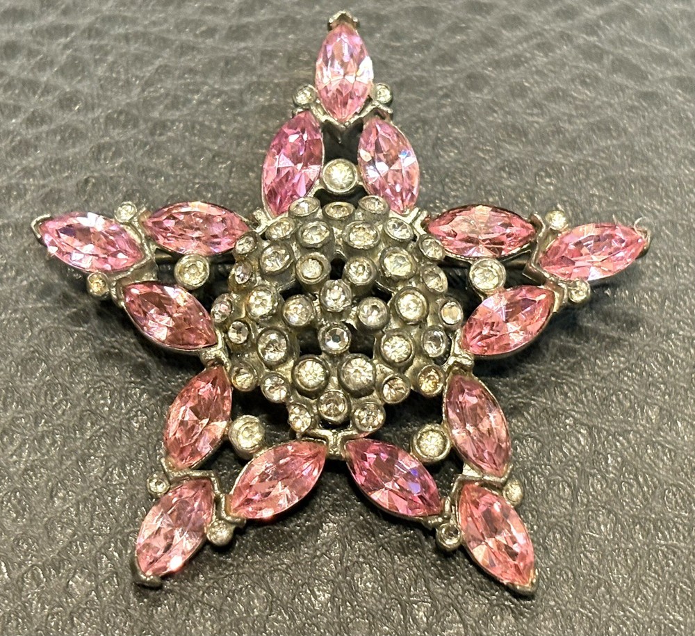 Vintage Large 2.25” Star Dome Art Deco Pink Rhinestone Pot Metal Brooch Pin