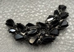Vintage Black Rhinestone Cluster Crescent Moon Celestial Brooch Japanned Metal