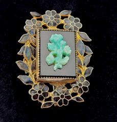 Nouveau Peking Glass Floral Victorian Mourning Brooch Style 1930s Vintage Brooch