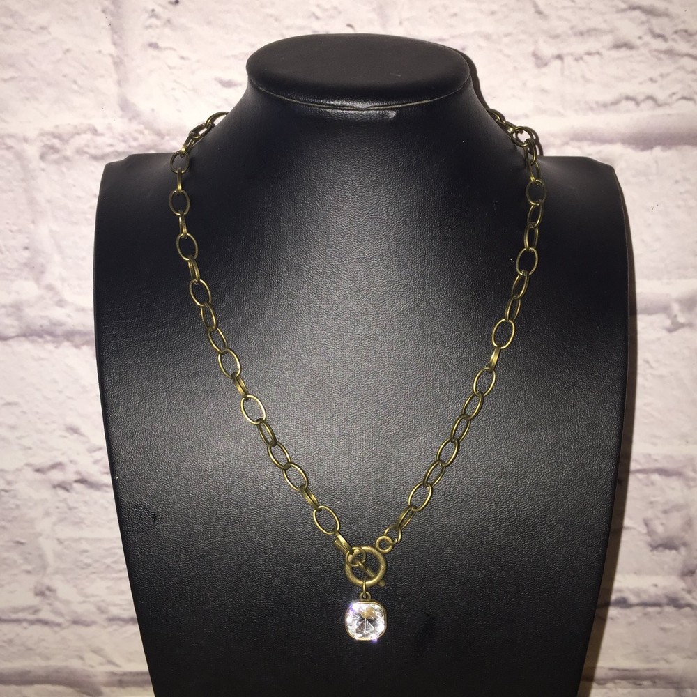 Vintage Pendant Necklace Antique Gold Tone Metal Long Acrylic Crystal Toggle