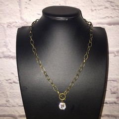 Vintage Pendant Necklace Antique Gold Tone Metal Long Acrylic Crystal Toggle