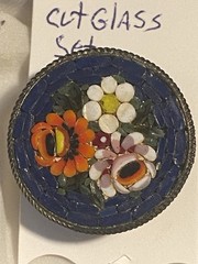 Antique VTG Italian Micro Mosaic Brooch Pin Round Shape &Floral Design Set Glass