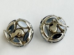 D&E Vintage Flower Corsage Ice Blue & Onyx Navette Brooch Pin & Clip-on Earrings