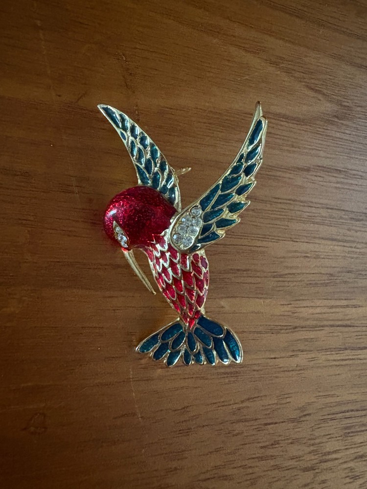 Vintage Gold Rhinestone Enamel Hummingbird Brooch Pin