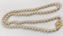Vintage Champagne Knotted Faux Pearl Flower Clasp Long Necklace 30 In. #1028