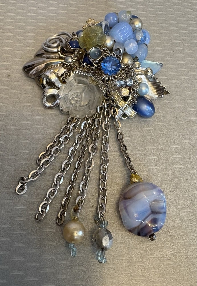 80s Vintage Signed Joe Gladish Brooch Glass Flower Beaded Rhinestone Chains 4.5″