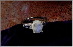 Vtg Sterling Silver Blue Flash Moonstone 8 x 10mm Cabochon & Sapphires Ring Sz 8