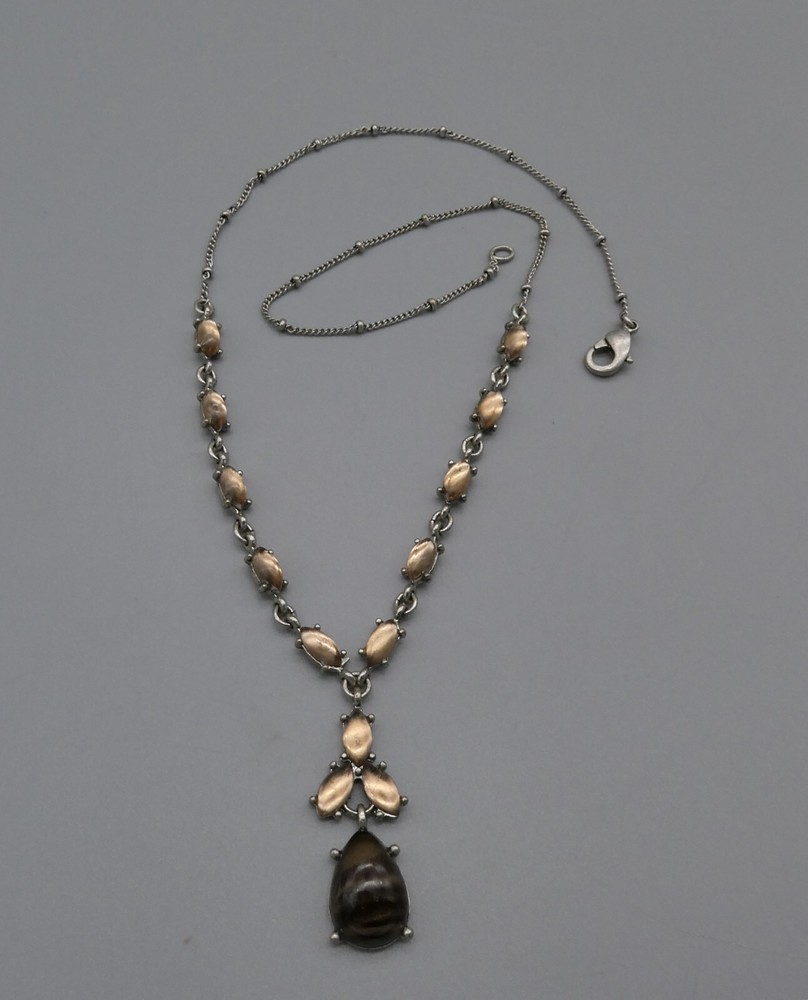 Vintage Brown Cabochon Rhinestone Necklace Y Tear Drop Pendant Nancy & Rise 17″