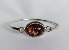 Vintage Mexico 925 Rope Accented Oval Diachroic Glass Tension Bangle Bracelet