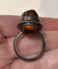 Bold Vintage Modernist Sterling Silver Unique Sculptural Cognac Amber Ring Sz 7
