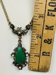 Vintage Unsigned Faux Jade Gems Drop Necklace Earring Set Victorian Style READ