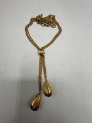 ESTATE VINTAGE GOLD TONE LARIAT CHAIN TEXTURED BEAD TASSEL NECKLACE 14″