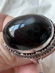 VINTAGE HUGE BLACK STAR CATS EYE MOONSTONE ? CABOCHON 925 STERLING SILVER RING