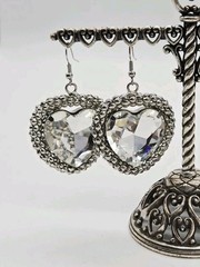 Heart Crystal Earring Silver Tone Pierced Dangle Couture Rhinestone 3D 2.5 in