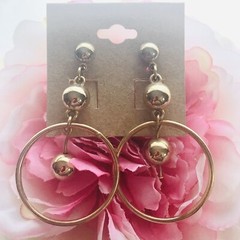 Chunky Beaded Hoop Stud Earrings Dangle Drop Gold Tone Boho Jewelry 2.25”